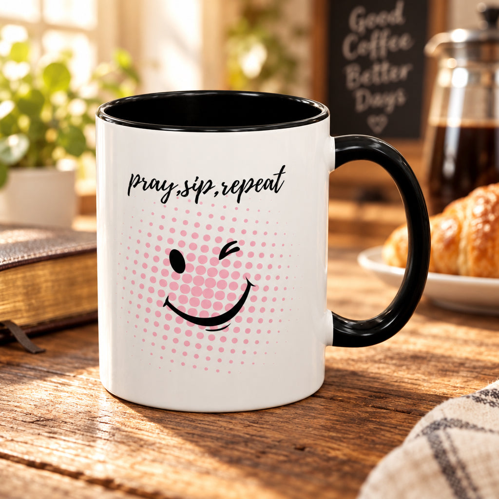 Pray. Sip. Repeat. Accent Coffee Mug — 11/15oz Winking Smile Ceramic Mug