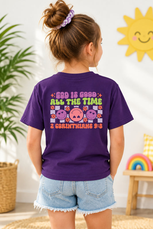 Kids Colorful Smiley Tee — 'God Is Good All The Time'