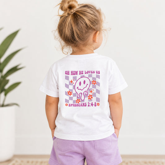 Toddler Smile Flower Tee — "Oh How He Loves Us"