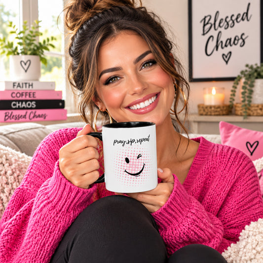 Pray. Sip. Repeat. Accent Coffee Mug — 11/15oz Winking Smile Ceramic Mug