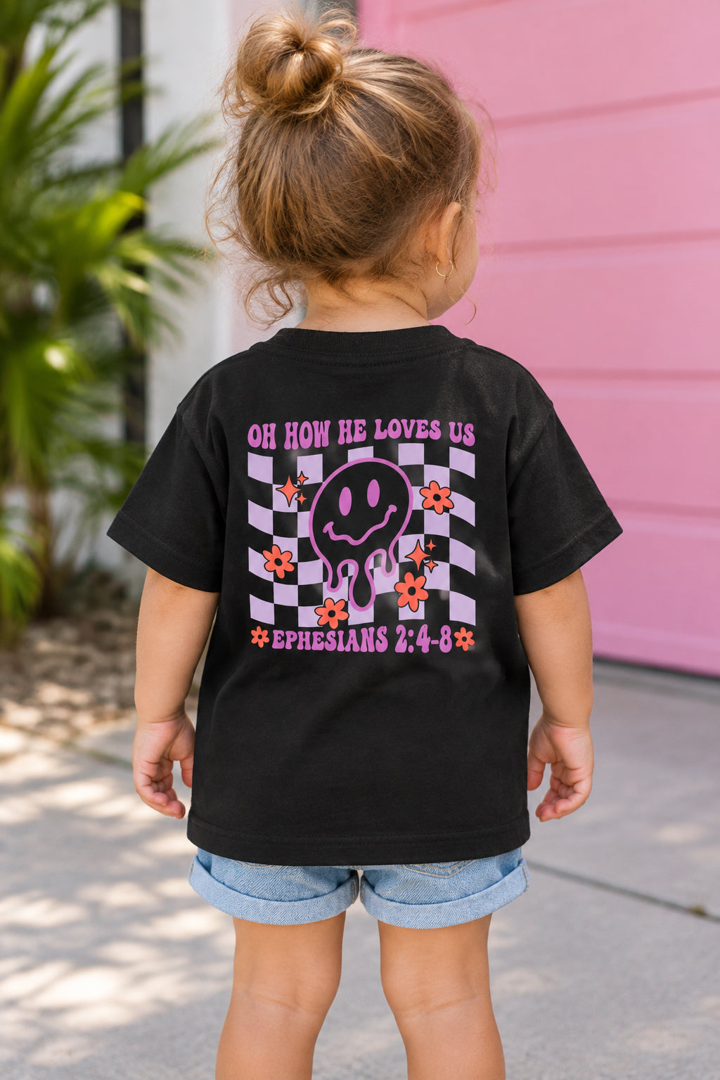 Toddler Smile Flower Tee — "Oh How He Loves Us"