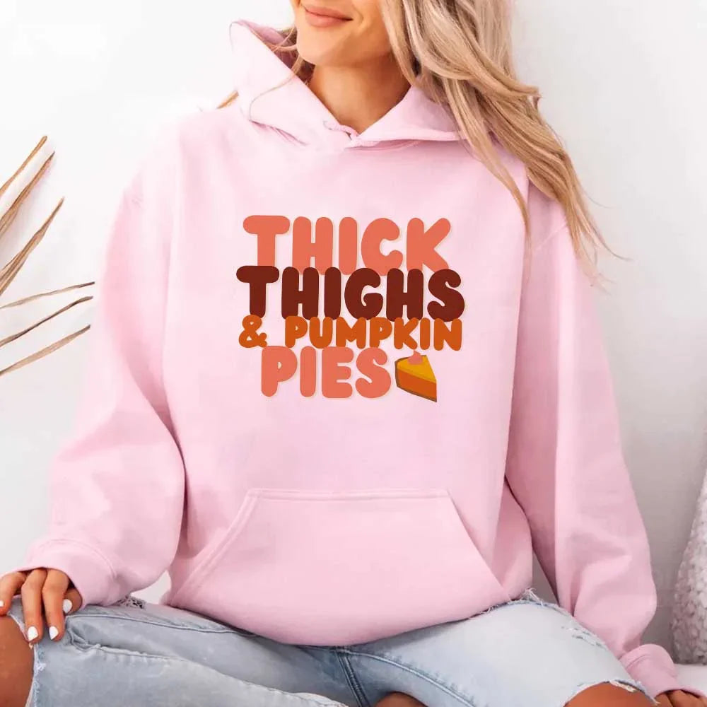 Thick Thighs and Pumpkin Pies Fall Vibes Fleece Pullover Hoodie